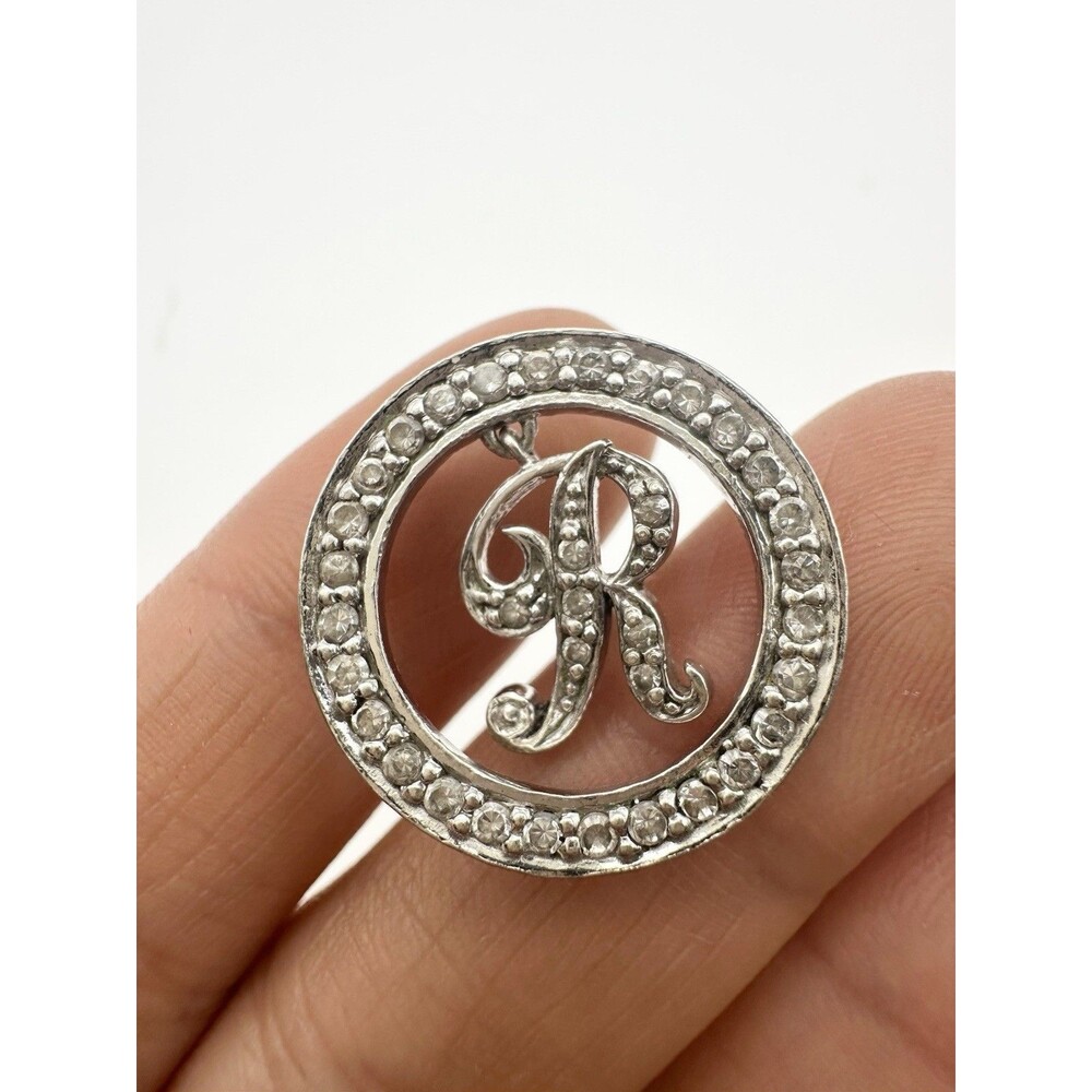 925 Sterling Silver Pave Initial R Moveable Charm Pendant